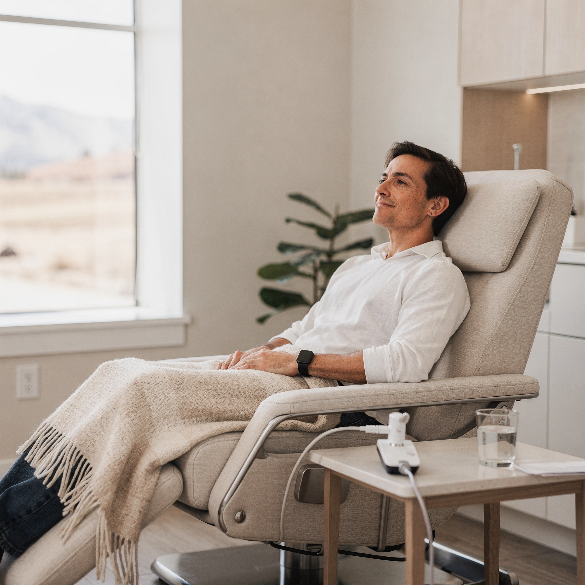 Patient relaxing in a comfortable recliner chair during Spravato treatment at Myndful Wellness